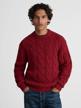 Madewell Wool Blend Cable-Knit Crewneck Sweater Heather Garnet Size L $198 NY132